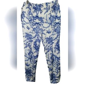 [M] Zara~*Final Price Drop* Damask Bird Floral White & Blue Satin Trouser Pants